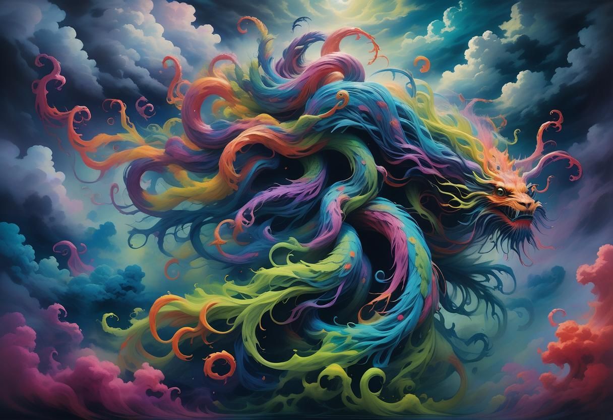 Surreal Dreamscape: A Multi-Limbed Creature in Flight