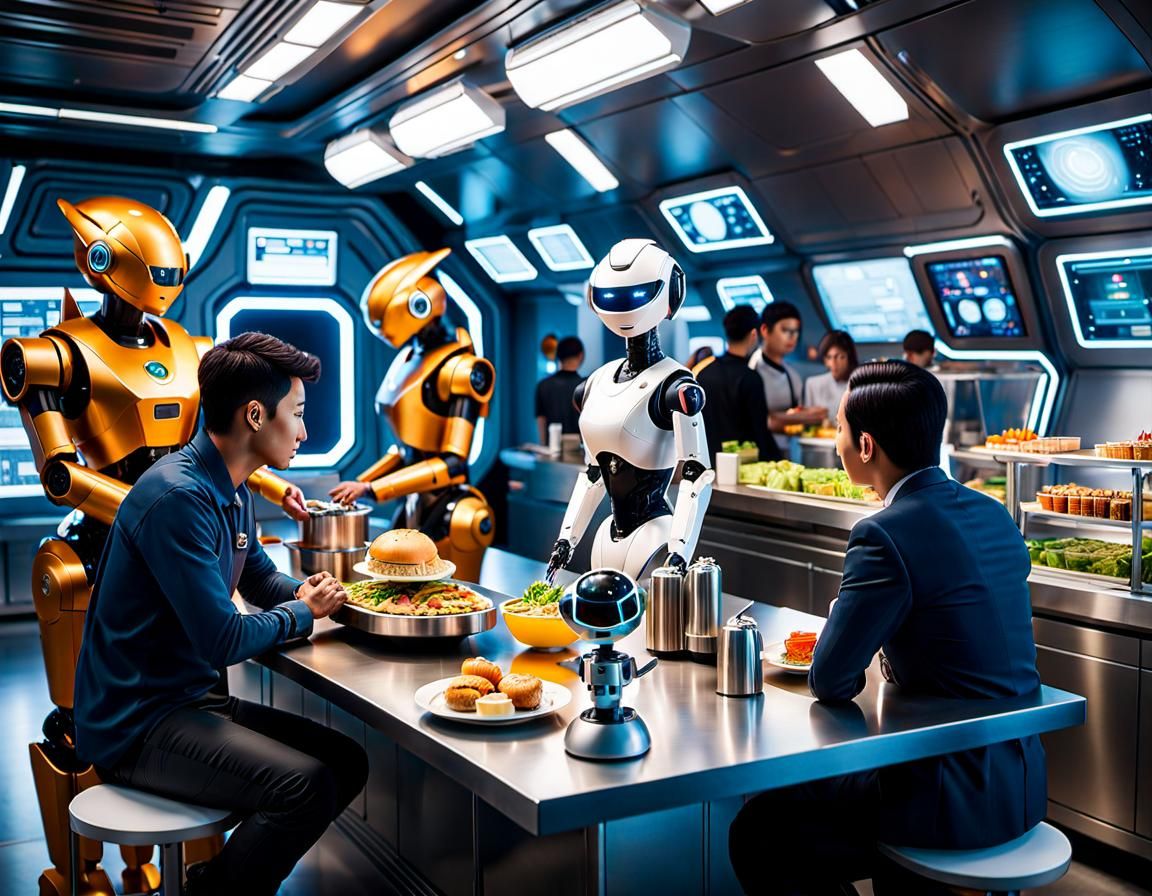 two crew members In the mess hall of a futuristic spaceship ...