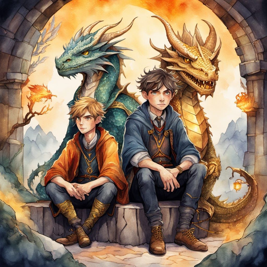 Whimsical Wizards and Dragon in Watercolor Style