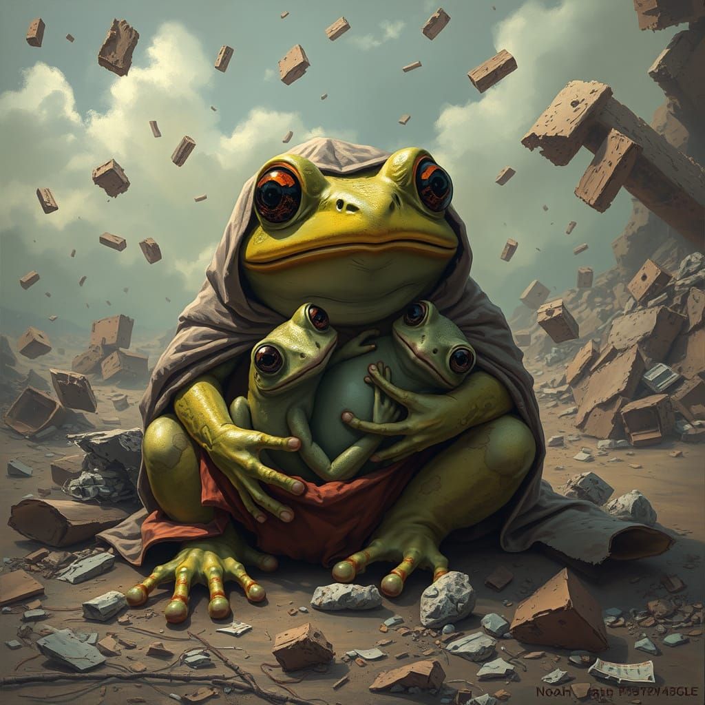 Dystopian Frog Mother Protecting Baby