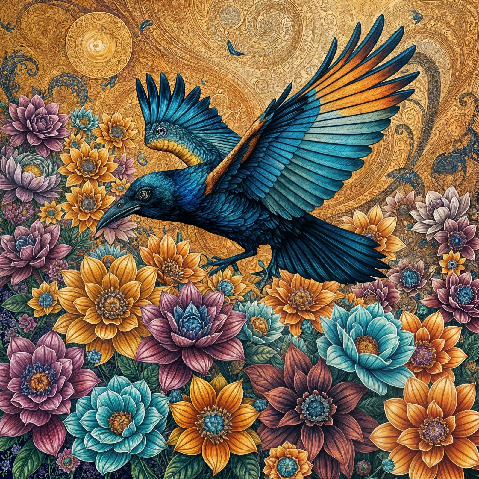 Bioluminescent Raven Soars over Vibrant Punk Flower Field