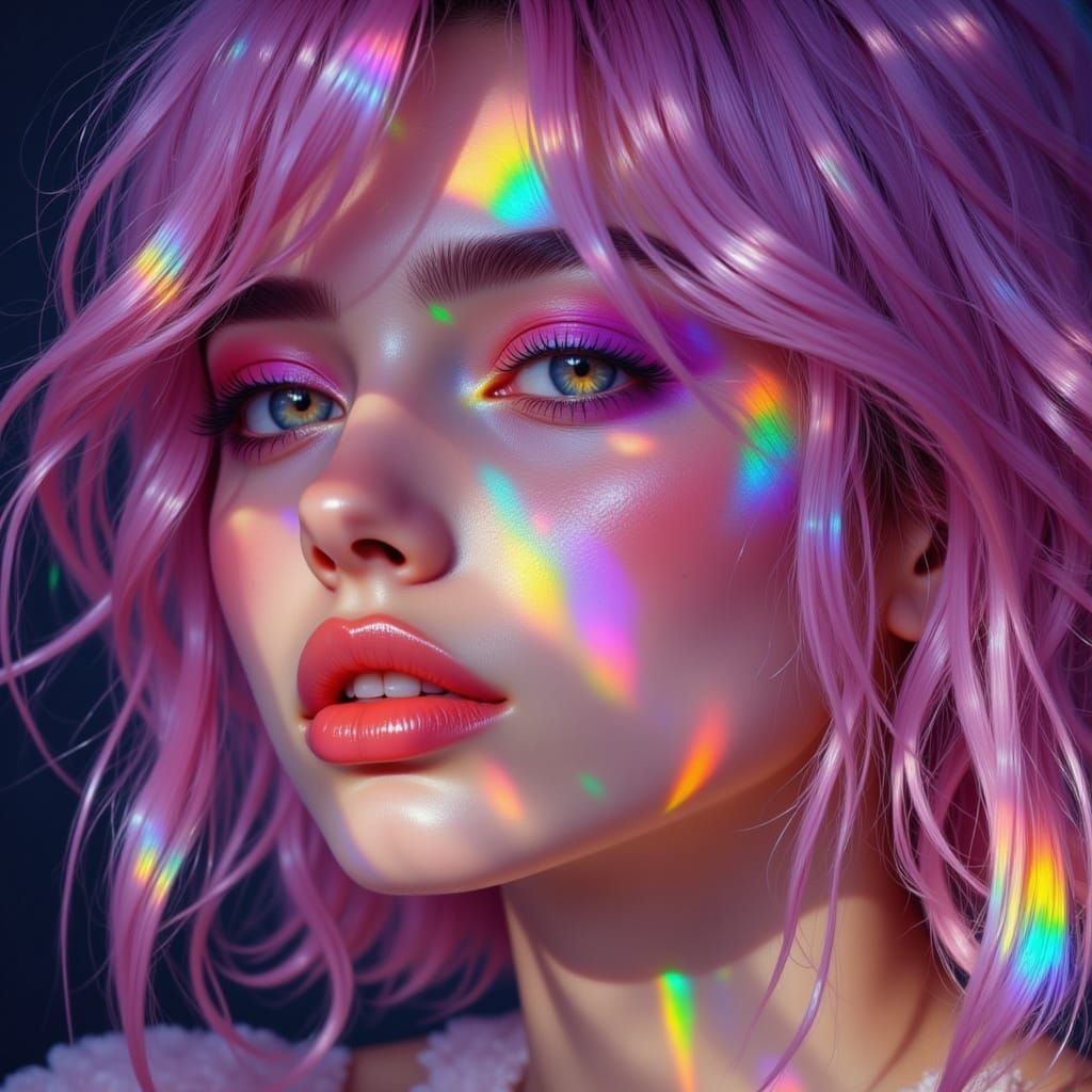 Gorgeous Woman with Rainbow Eyes in Anime Style