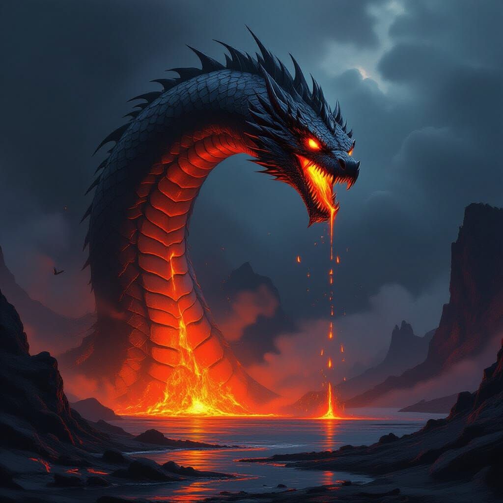 Obsidian Dragon Emerges from Volcanic Lake