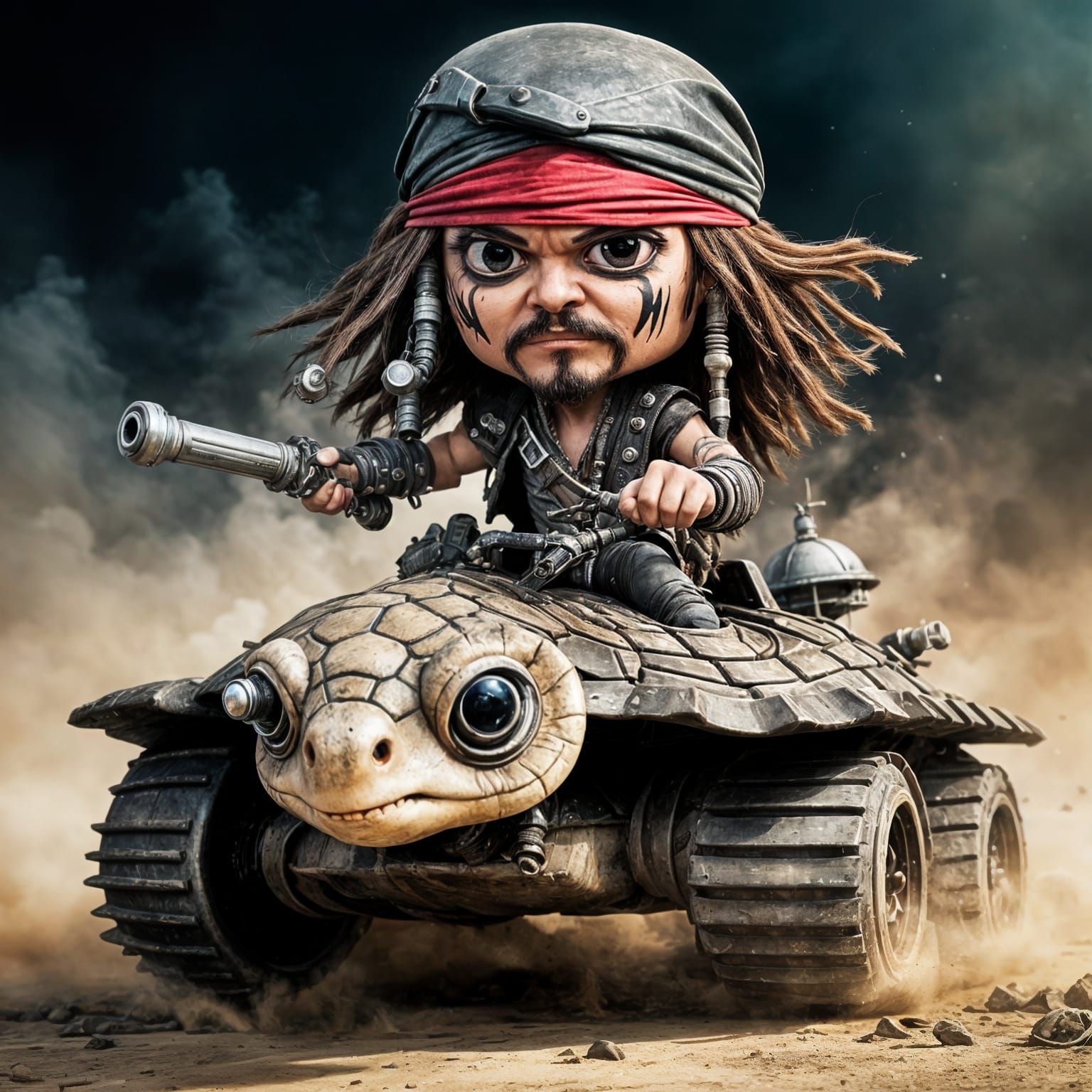 Chibi Jack Sparrow Races Turtle Tank in Wasteland