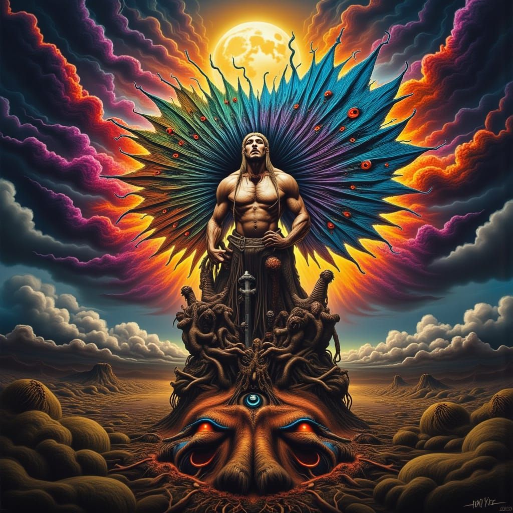 Man Mutation with Fiery Eyes in Fractal Man's Mouth