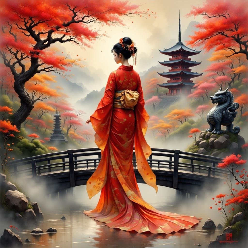Japanese Woman in Kimono with Cherry Blossoms