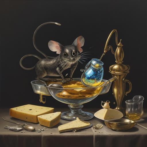 Glass Mouse Steals Cheese: Surrealist Oil Painting