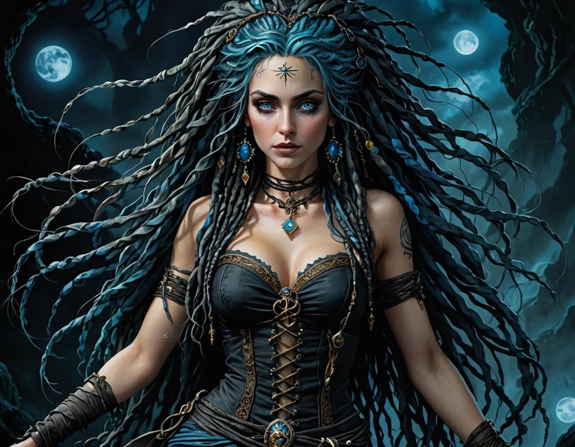 Blue-Haired Witch in Bioluminescent Fantasy Art