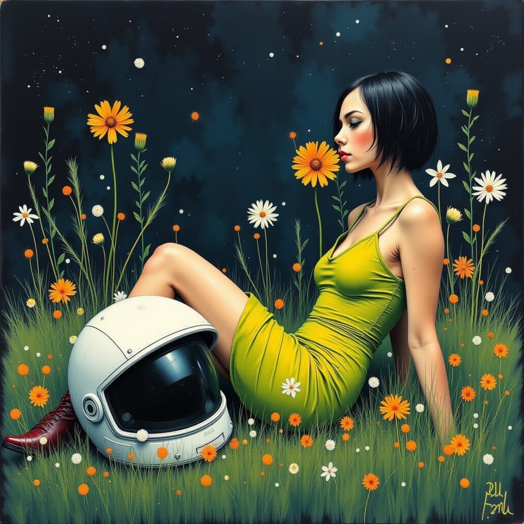 Woman in Field with Astronaut Helmet, Soft Oil Painting