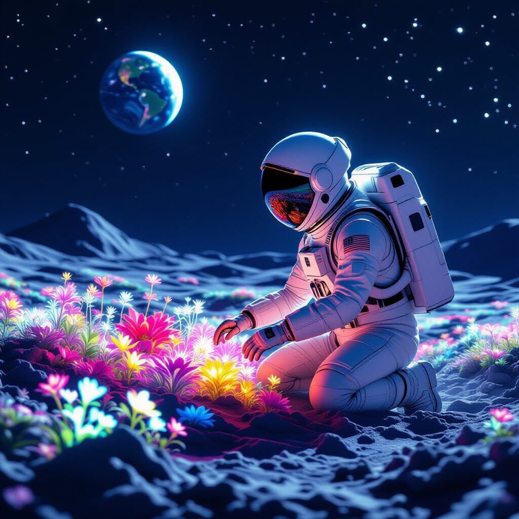 Astronaut Tends Alien Garden on Moon, Earth in Sky