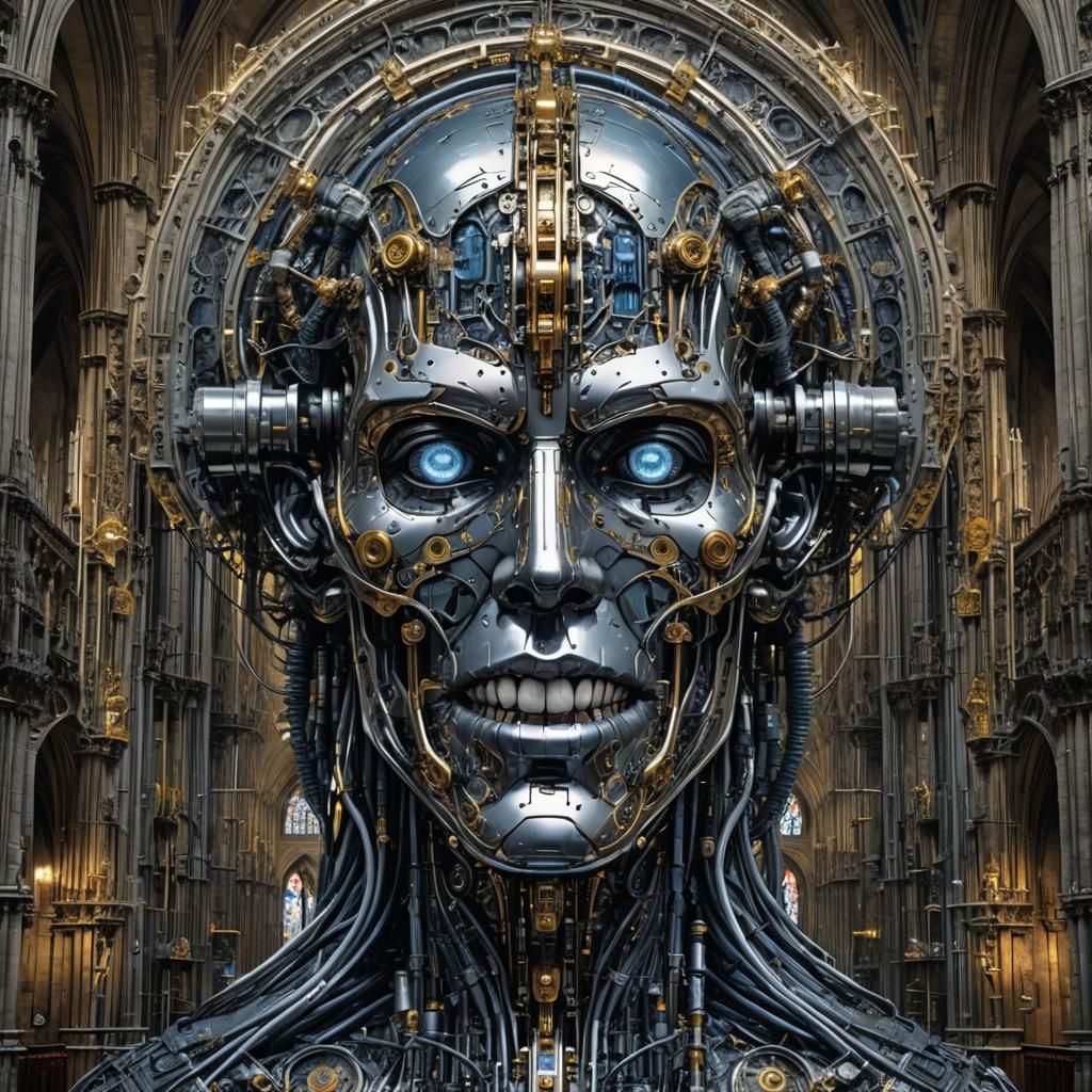 Gothic Cathedral Computer Face Fusion in Cyberpunk Style