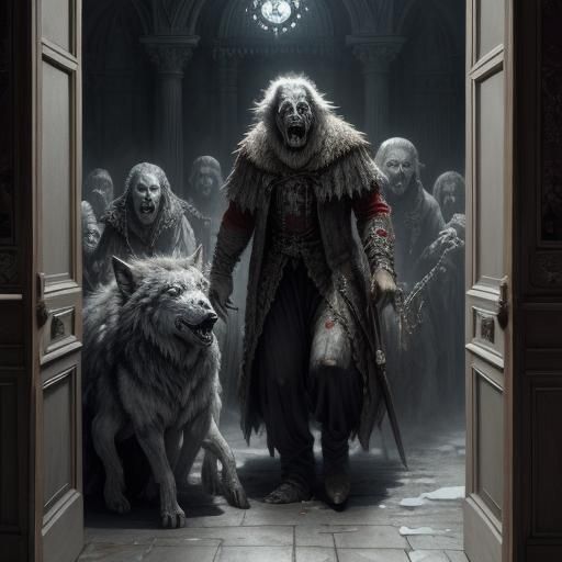 Macabre Feast: Wolves at the Door in Horror Style