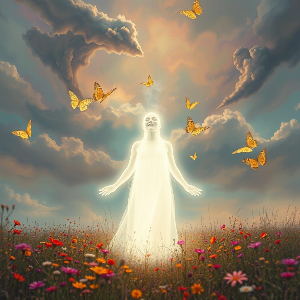 Ethereal Light Figure in Dreamlike Landscape