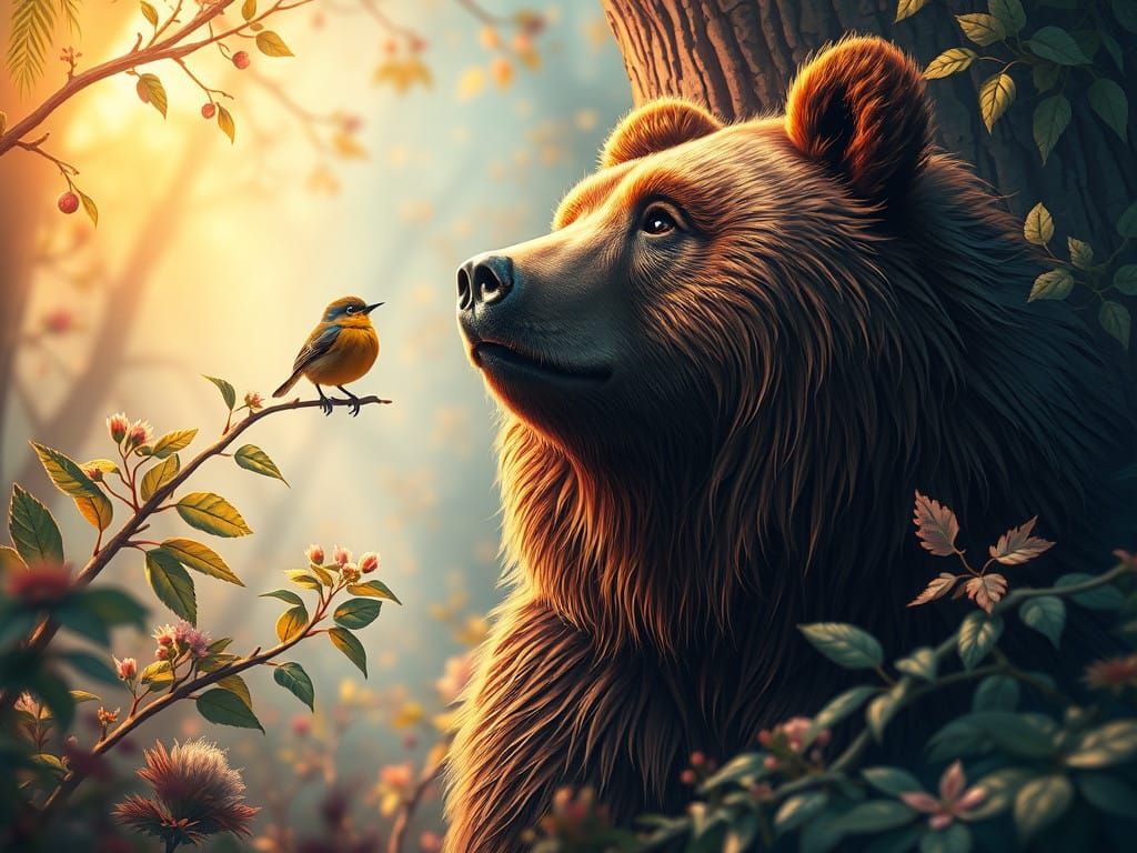 Regal Bear in Whimsical Forest, Inspired by Dreamlike Realms