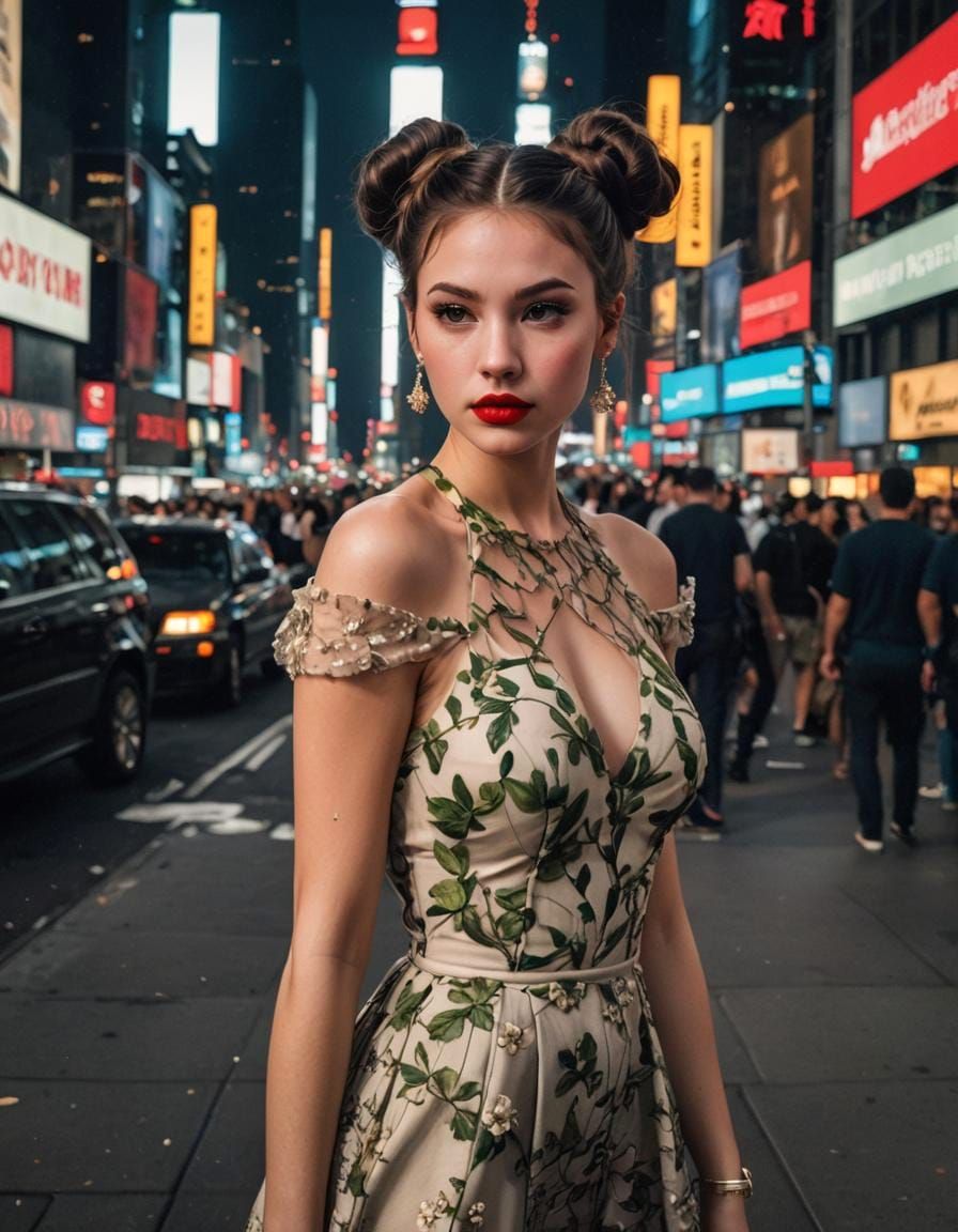 Brunette with Double Buns in Times Square at Night