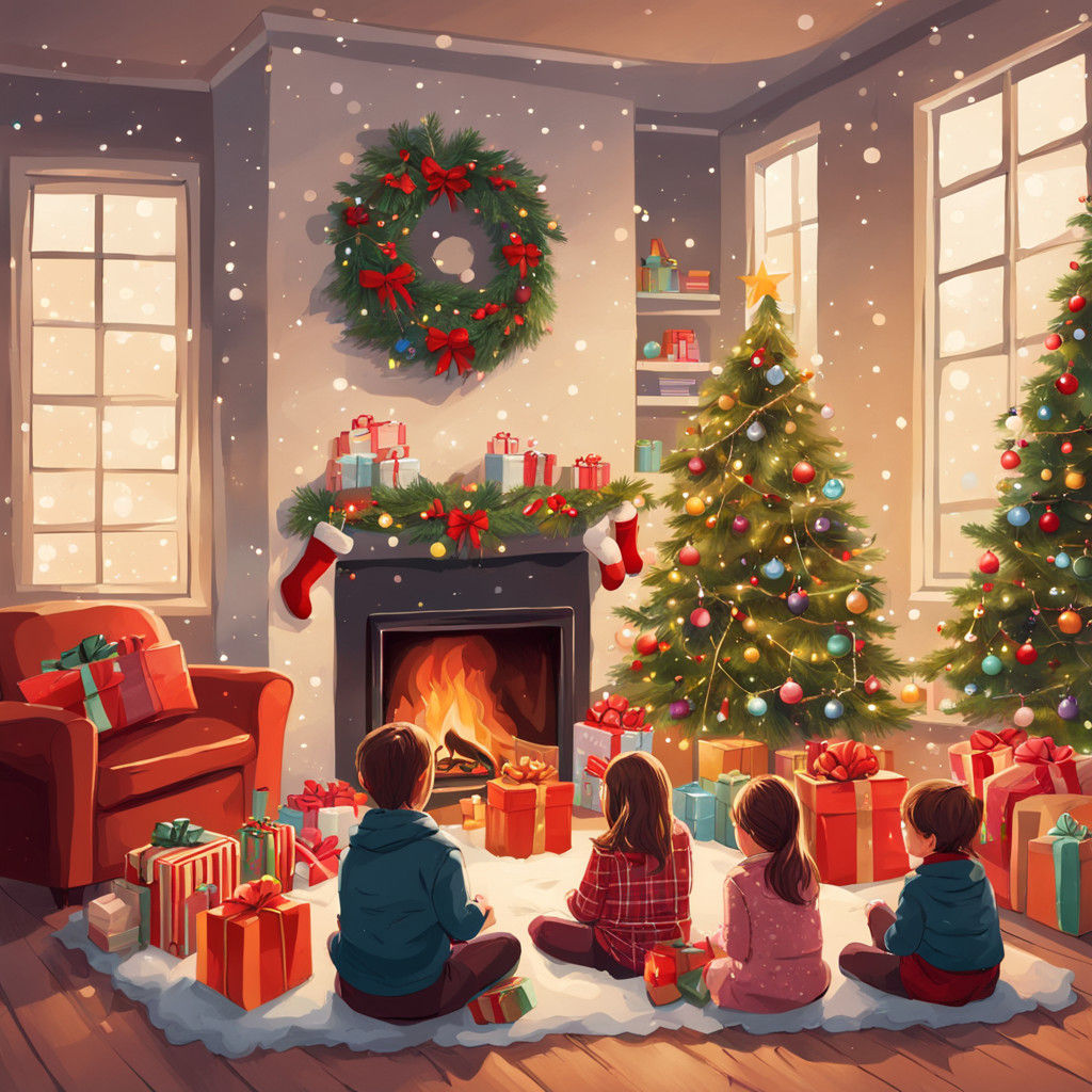 Cozy Christmas Scene by the Fireplace with Joyful Children