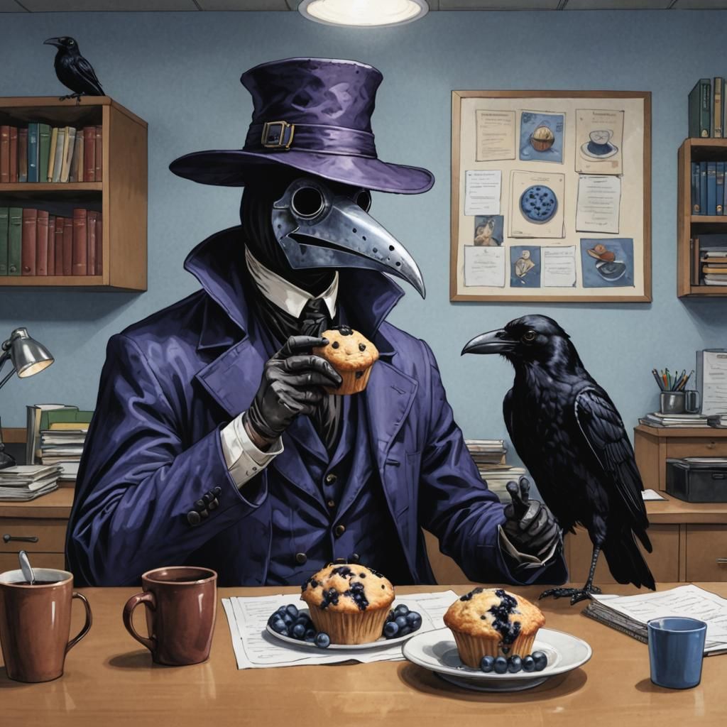 Plague Doctor with Crow and Blueberry Muffin