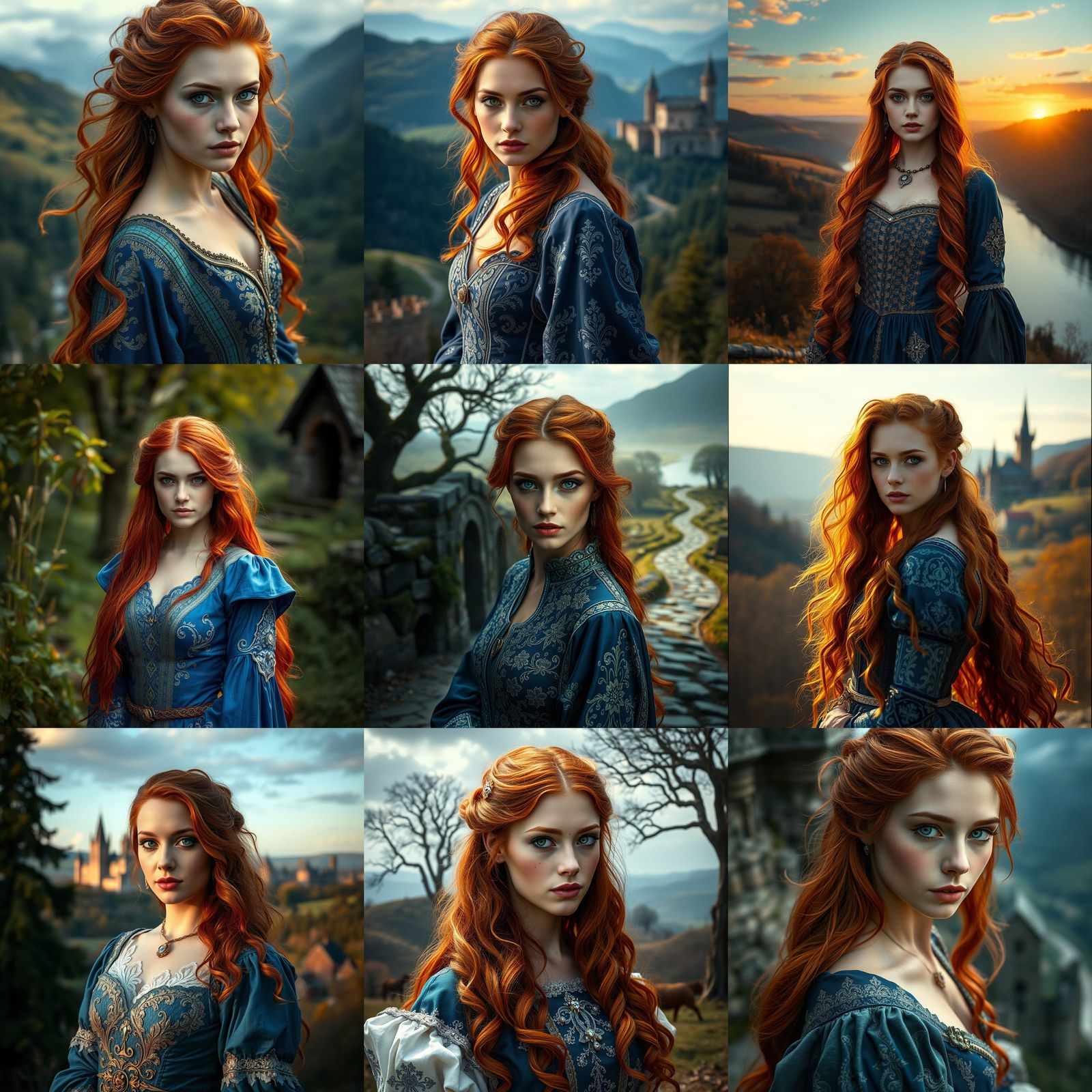 Red-Haired Maiden in Medieval Landscape, Hyper-Realism