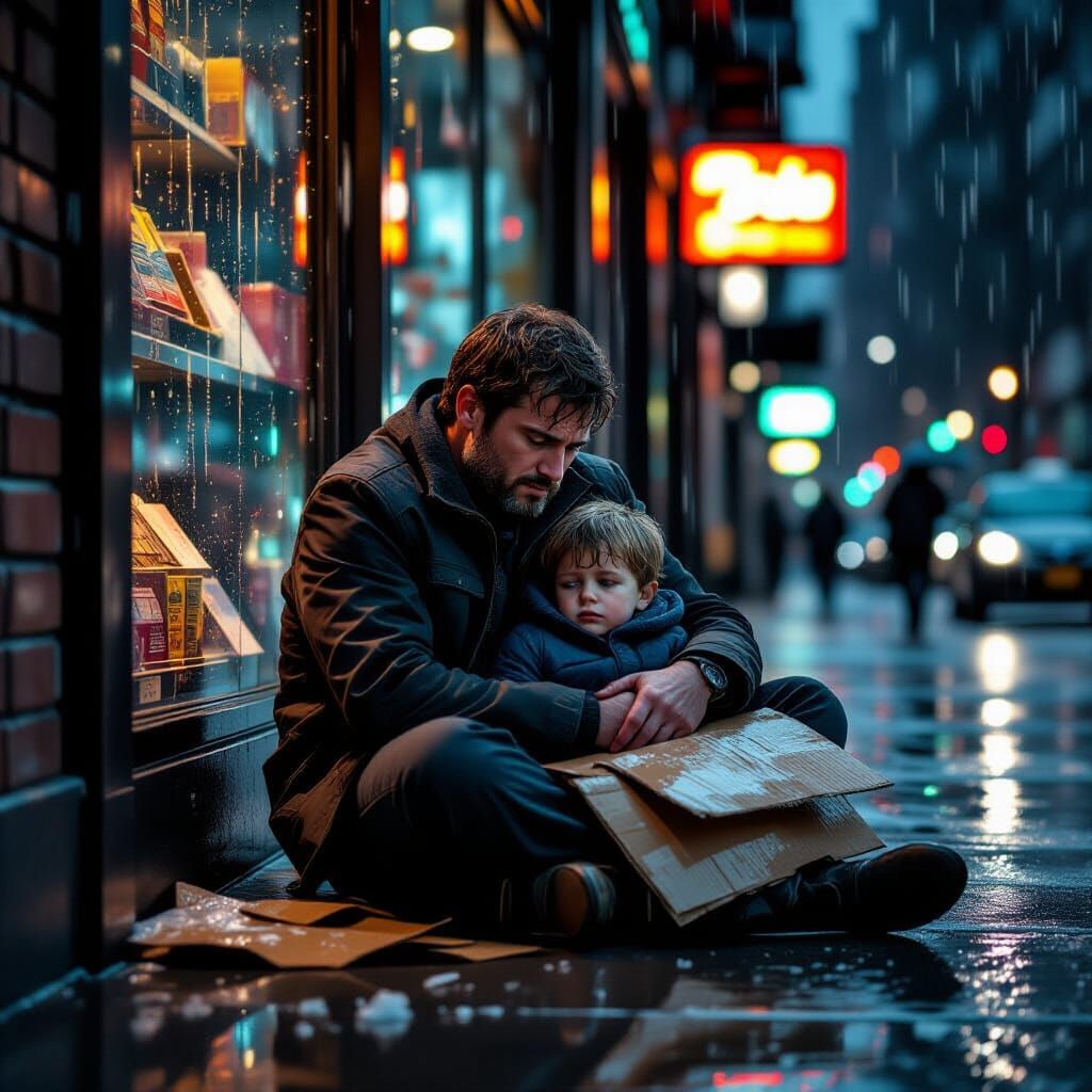Heartbroken Father Shields Son in Dramatic Rain Scene