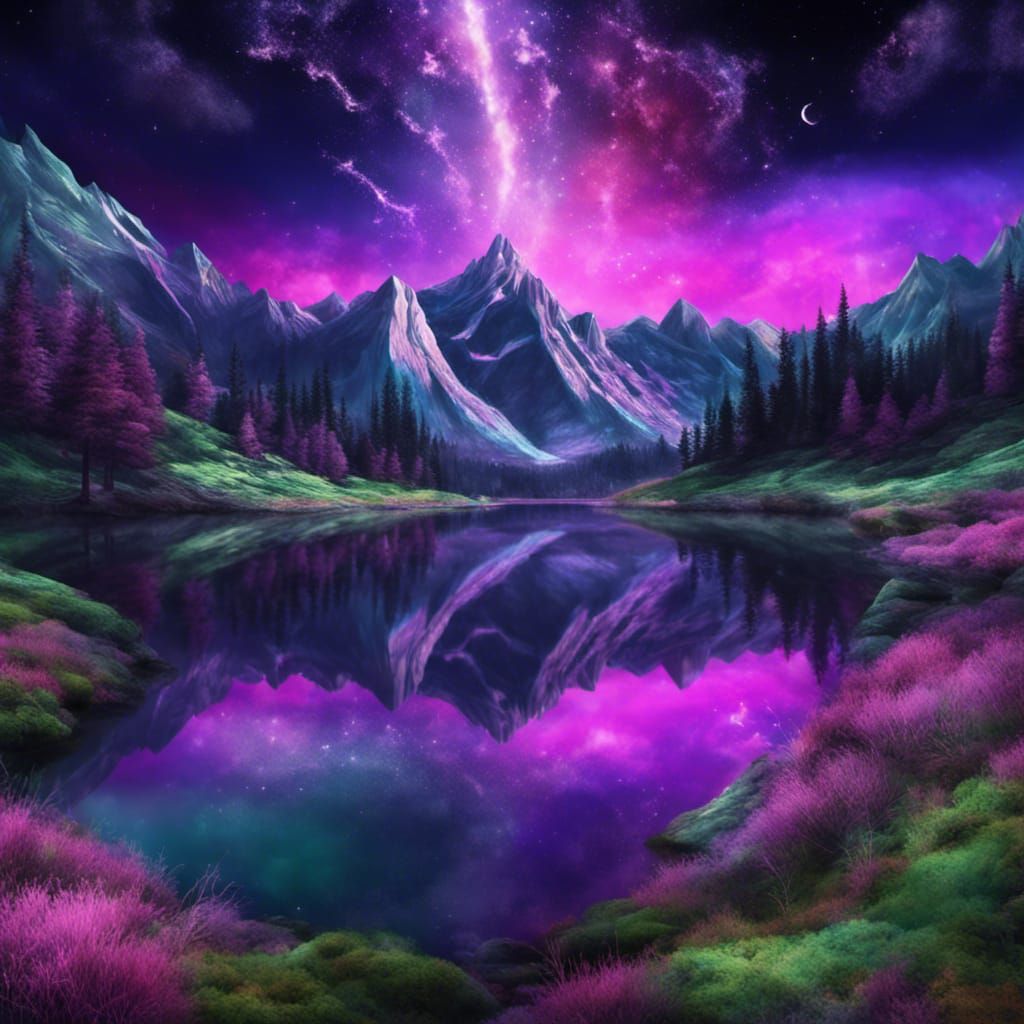 Cosmic Mountain Landscape with Astral Sky