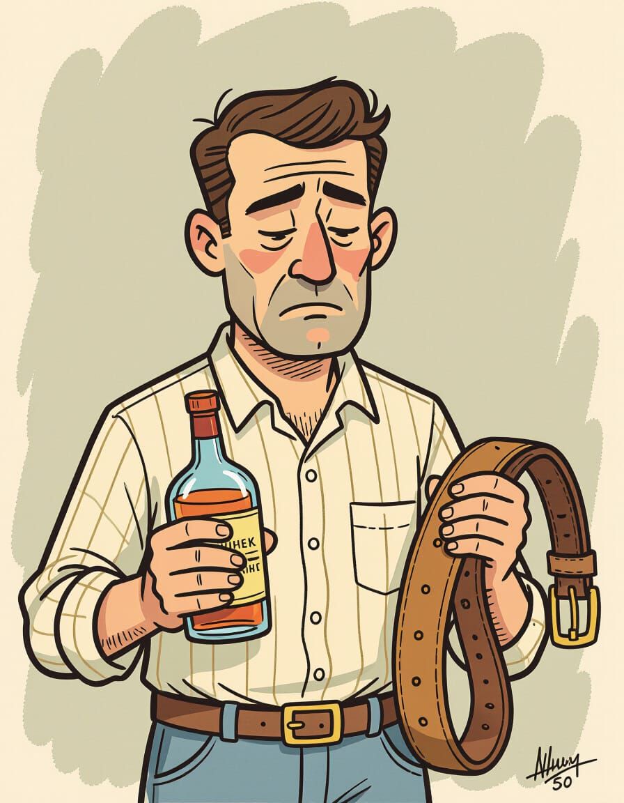 Children's Coloring Page: Tired Father with Whiskey and Belt