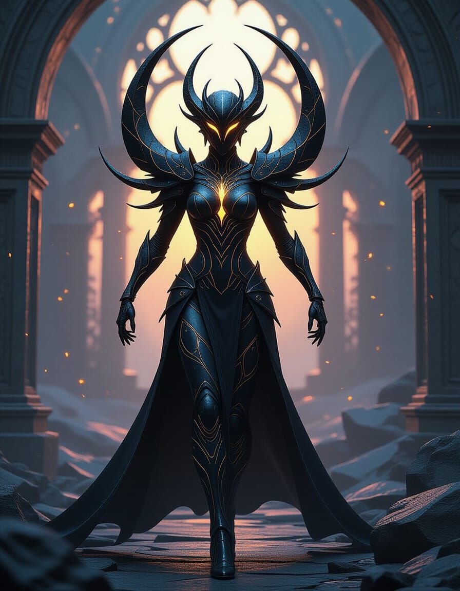 Black-Gold Alloy Figure with Eerie Lighting, in Dark Fantasy...