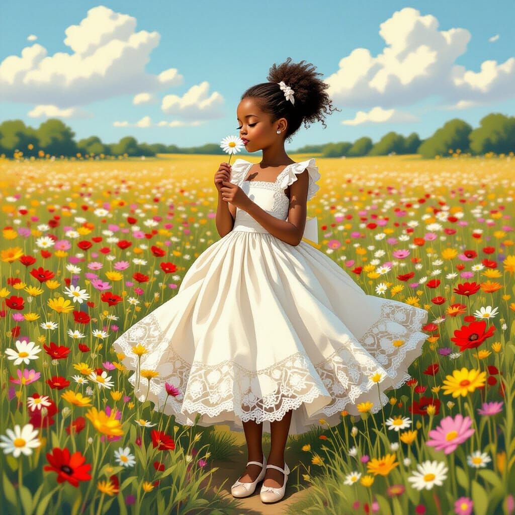 Beautiful Black Girl Smelling Daisy in Flower Field