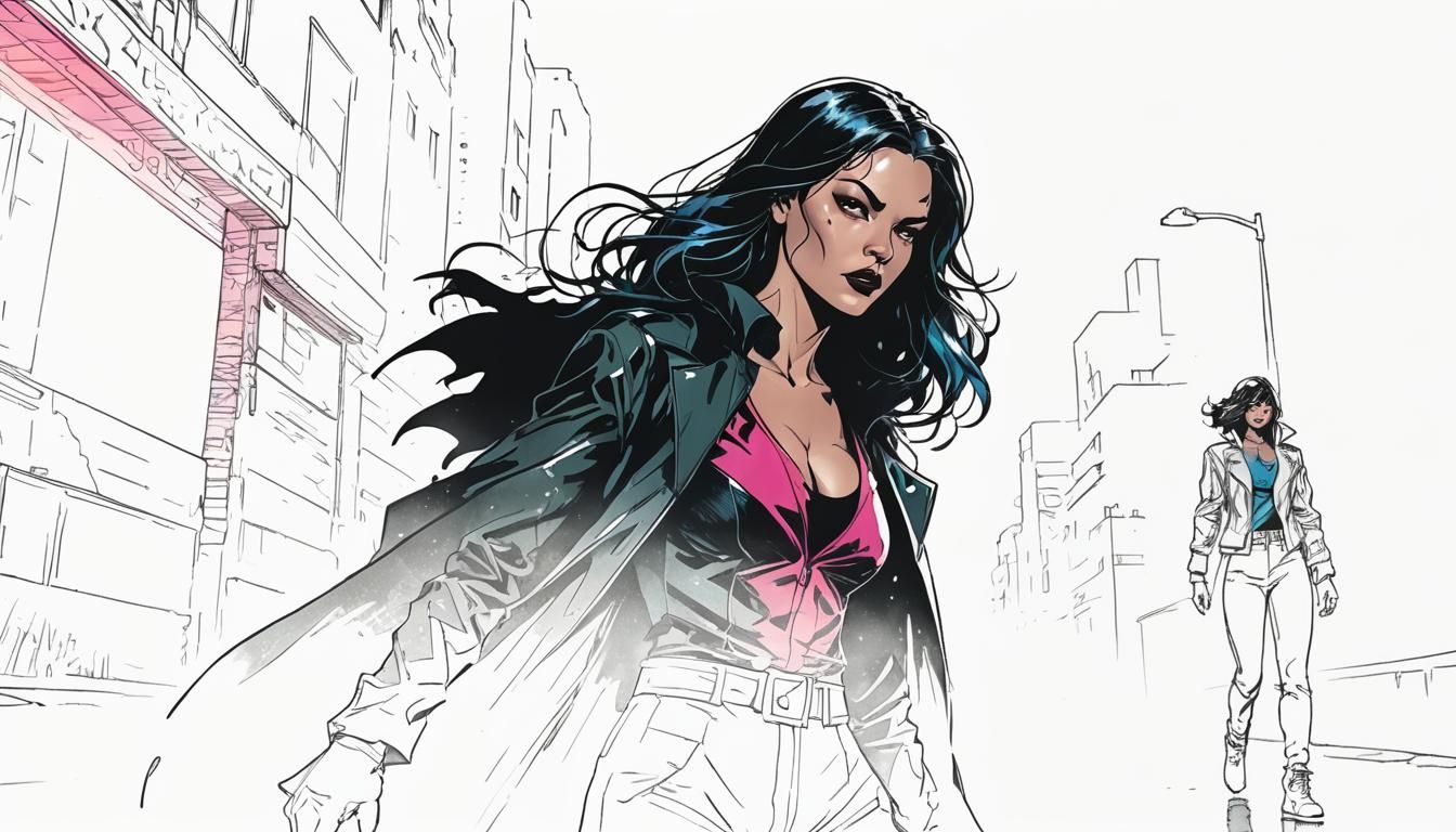 Heroic Woman in City Street Comic Book Art