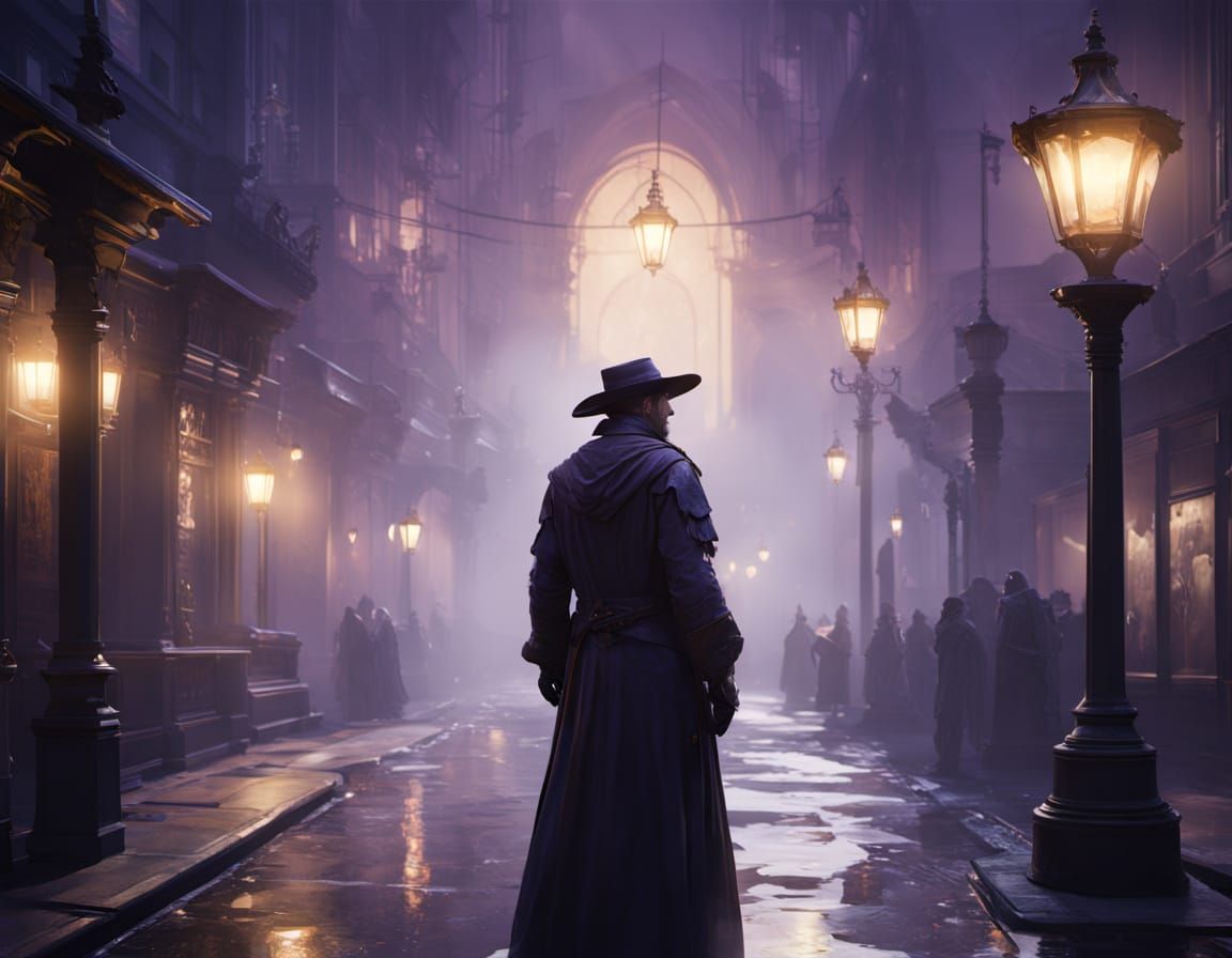 Mysterious Figure in Streetlight, Hyperrealistic Splash Art