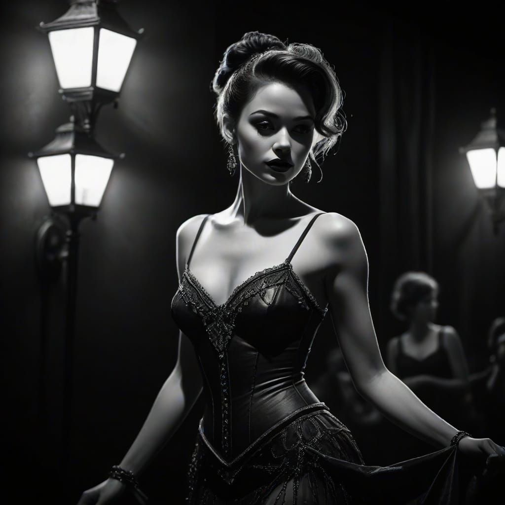 Gothic Steampunk Burlesque Dancer in Film Noir Style