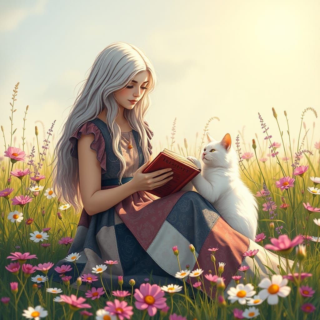 Serenely Seated Woman in Sun-Kissed Art Nouveau Landscape