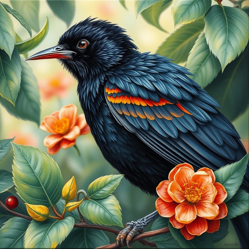 Womanlike Blackbird with Vibrant Plumage as Gouache Painting