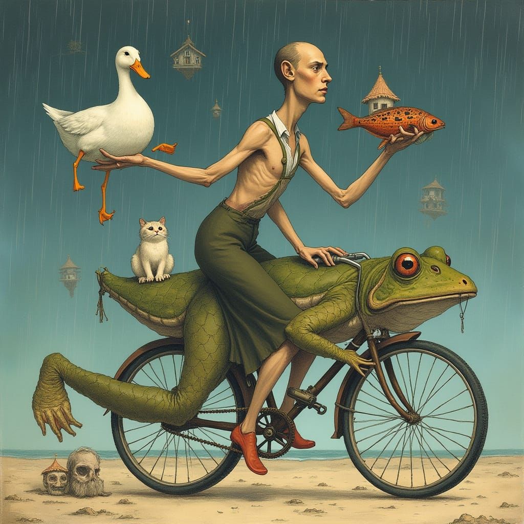 Caricature Figure on Giant Toad Bike in Dürer Style