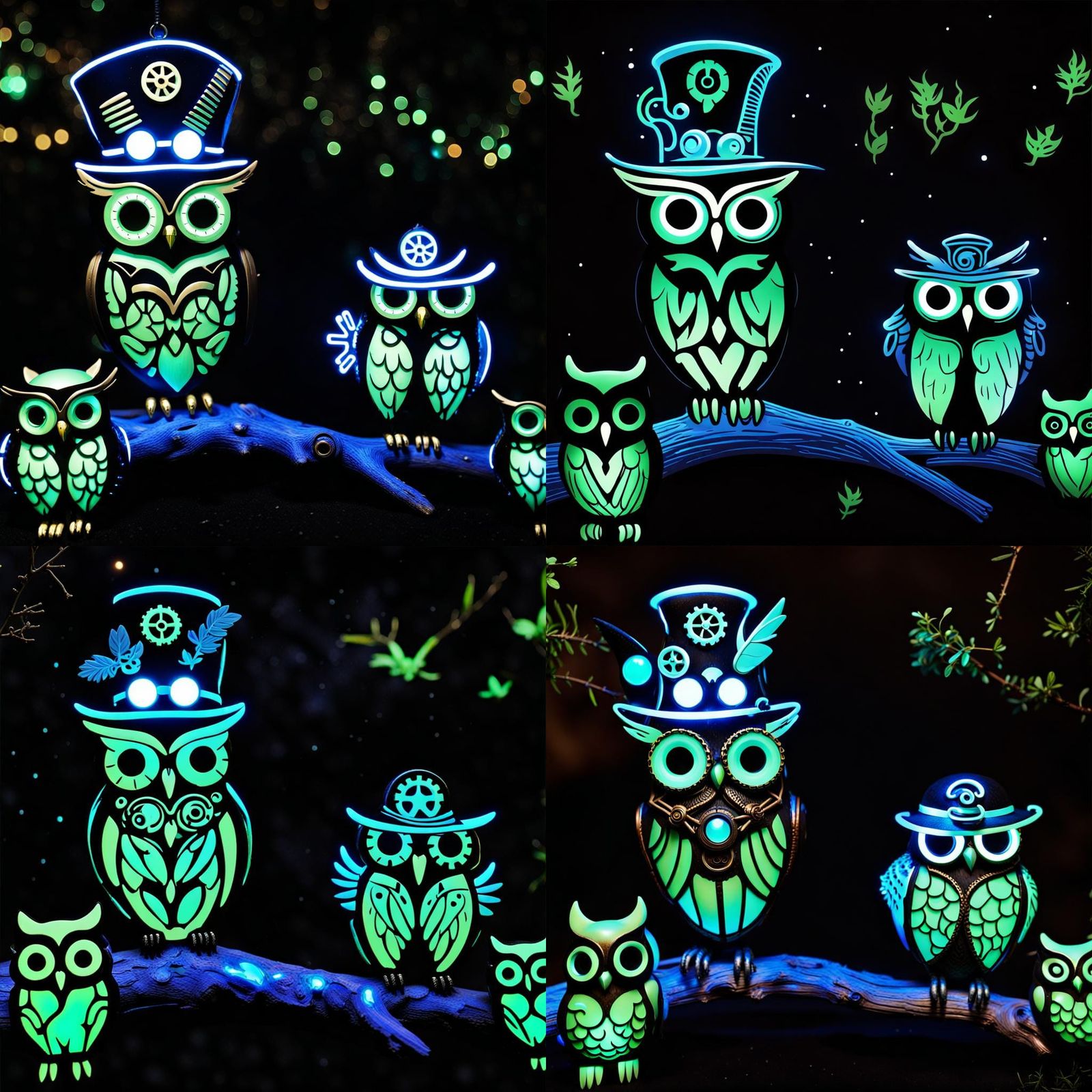 Bioluminescent Steampunk Owls in a Forest