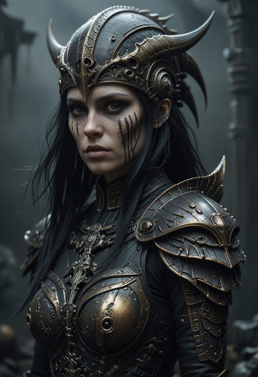 Dark Fantasy Warrior in Necrotic Armor, Inspired by Giger an...