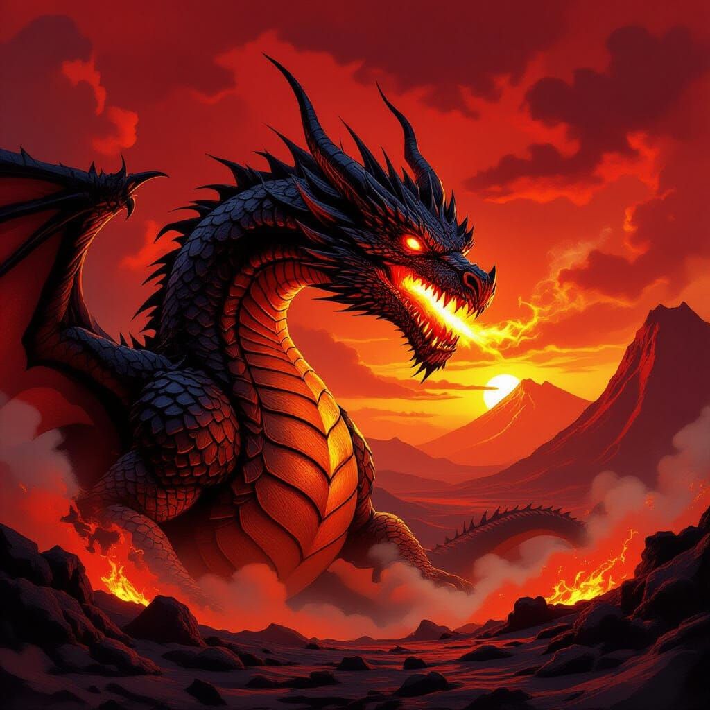 Epic Fantasy Dragon Breathing Fire in Volcanic Landscape