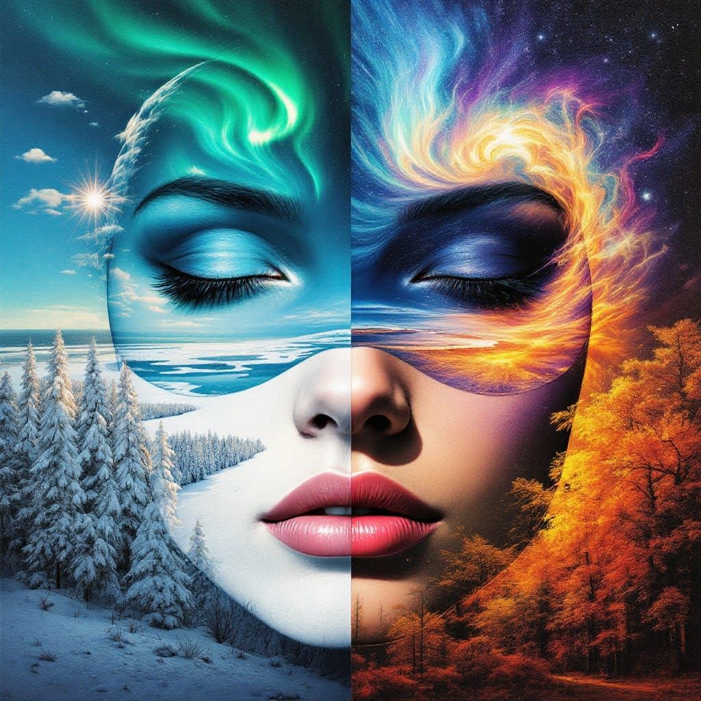 Prompt and inspiration from GullyDJ 💖
Face portrait collage of four different scenes. The top left shows [stunning seas...