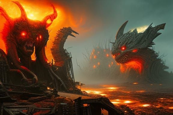 Three-Headed Demon Dog in Dystopian City