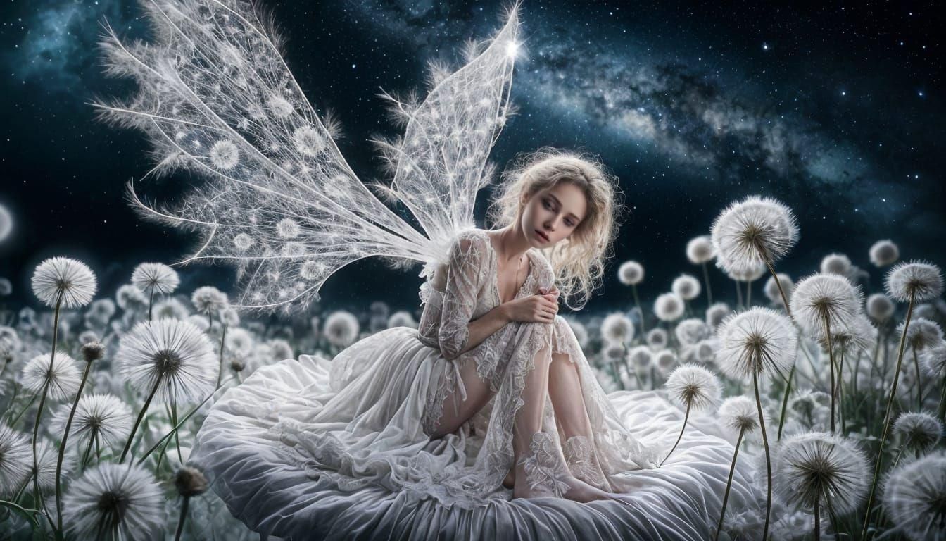 Ethereal Fairy on Dandelion in Starry Night Sky