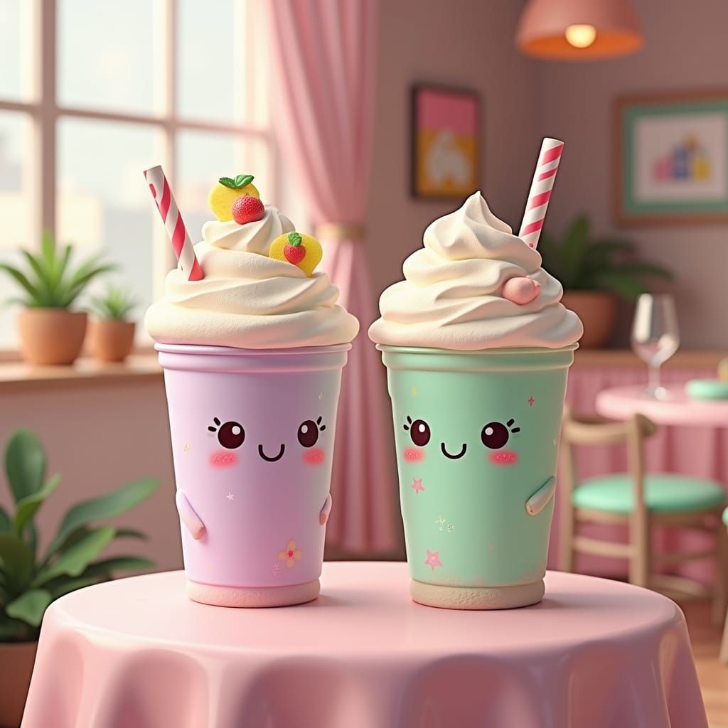 A 3D illustration featuring two kawaii chibi-style drinks pl...