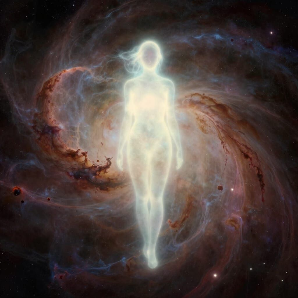 Ethereal Glowing Figure in Cosmic Nebula