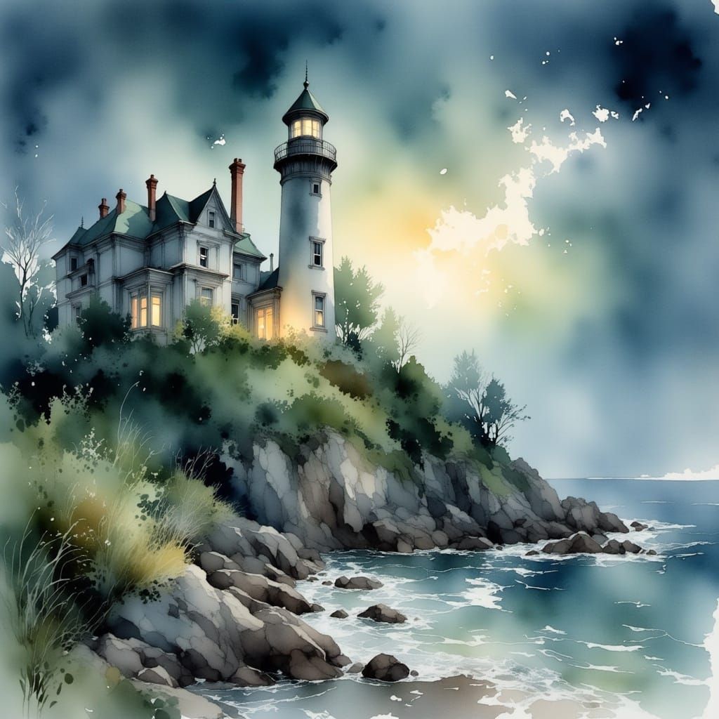 Surreal Watercolour Lighthouse in Stormy Night