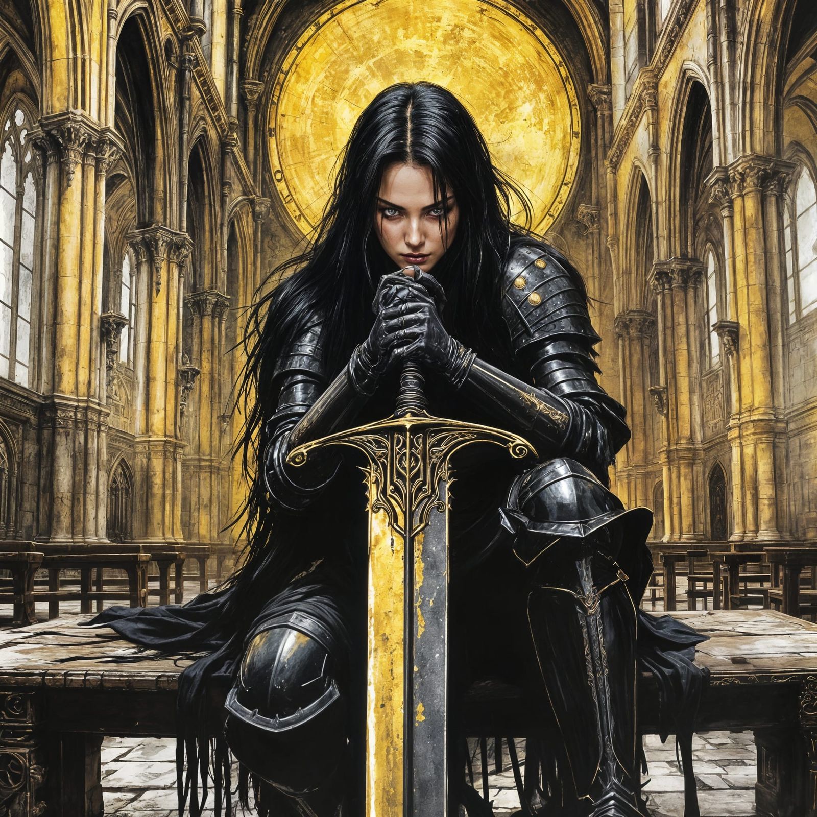 Black Warrior Woman in Cathedral Interior, Ink Drawing