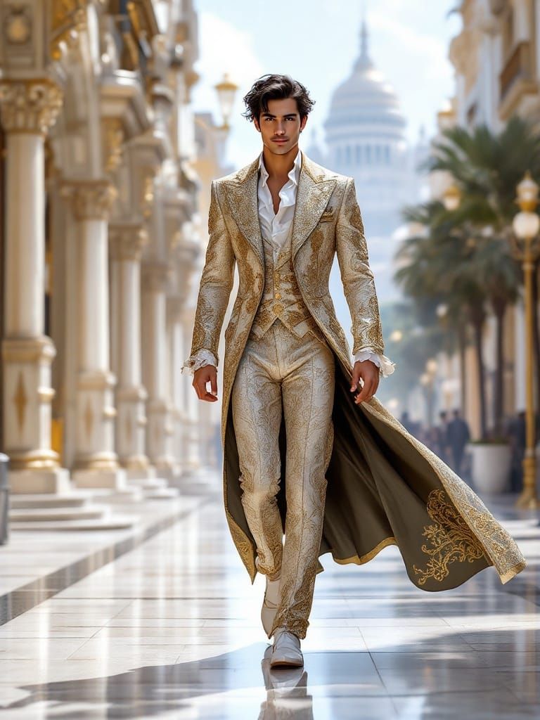 Rococo Suit in Futuristic Cityscape