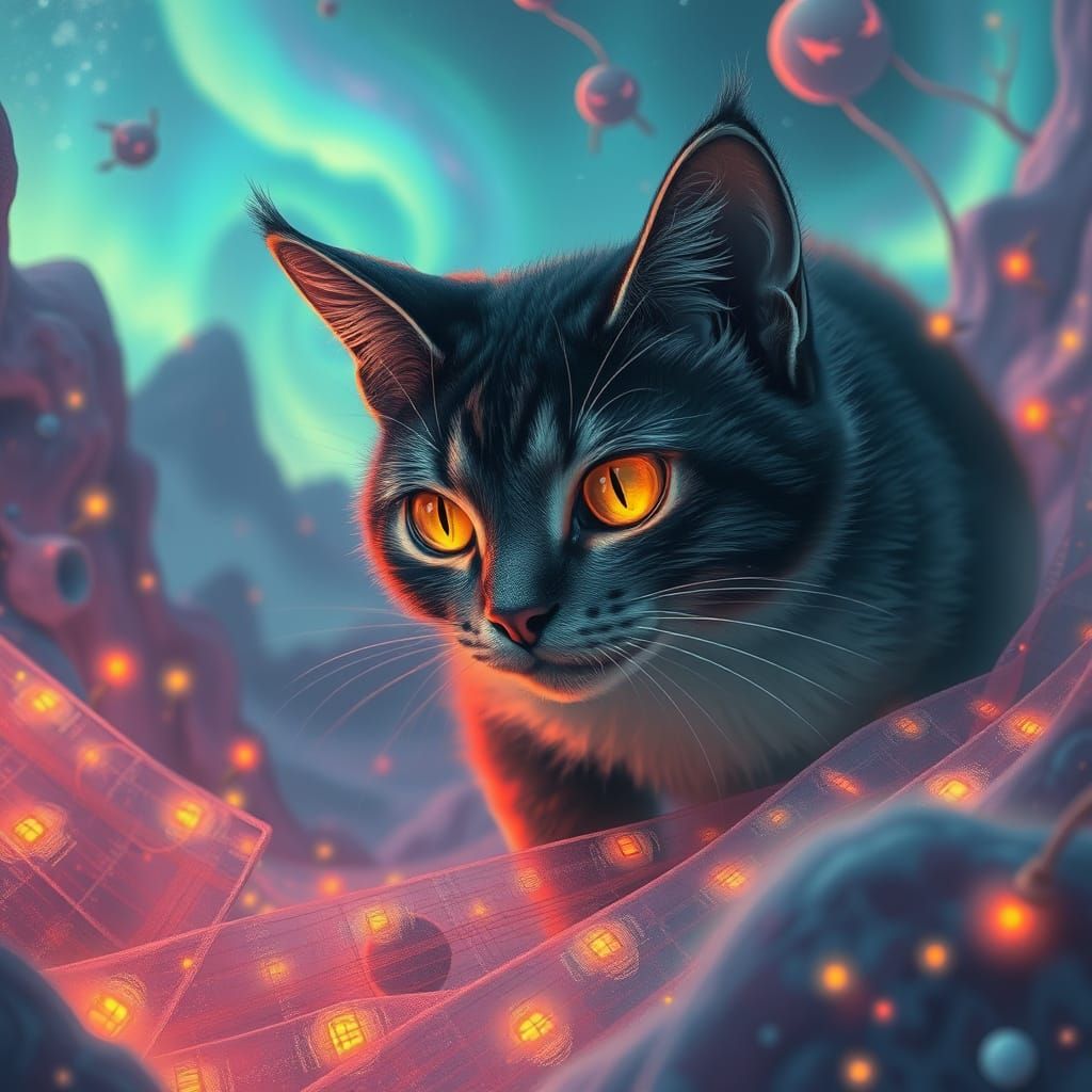 Midnight Cat Weaves Dreamscapes with Northern Lights Eyes