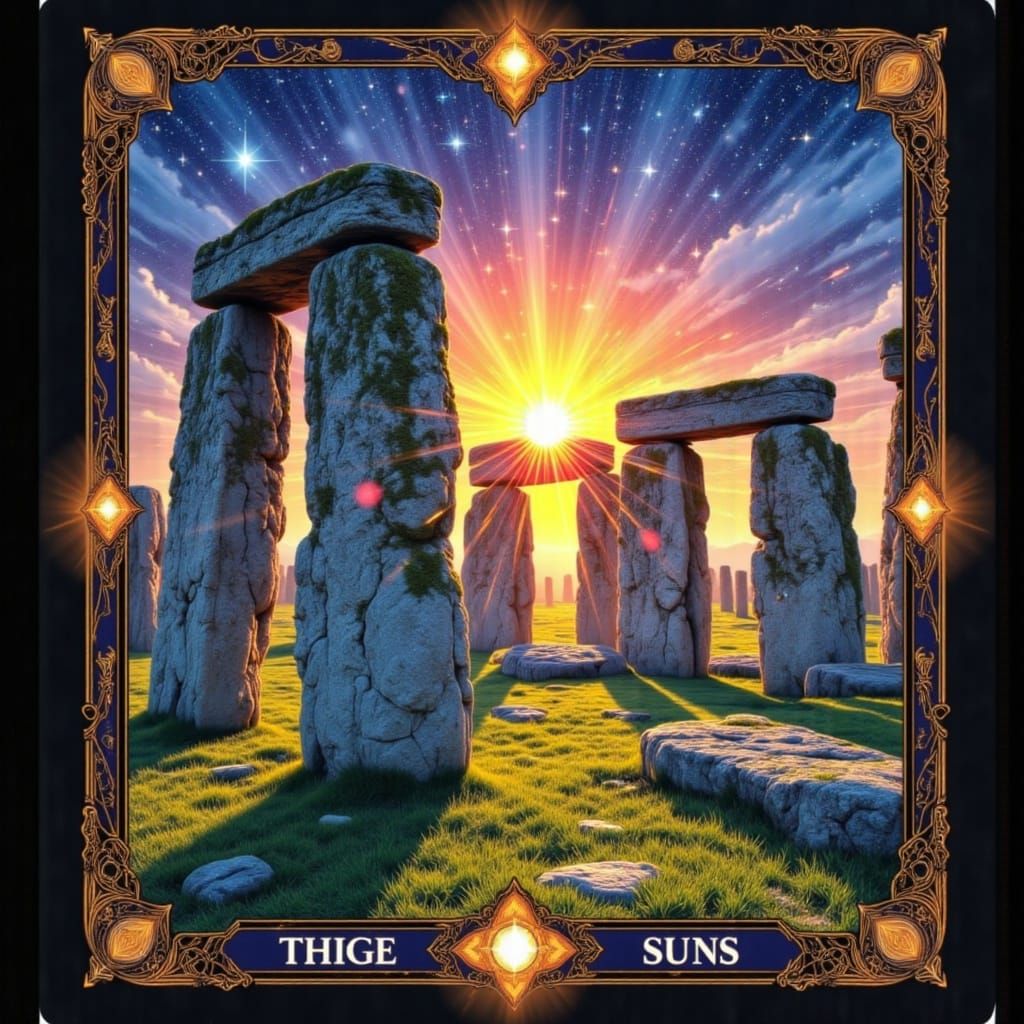 Stonehenge Sunrise with Musical Rays in Tarot Style