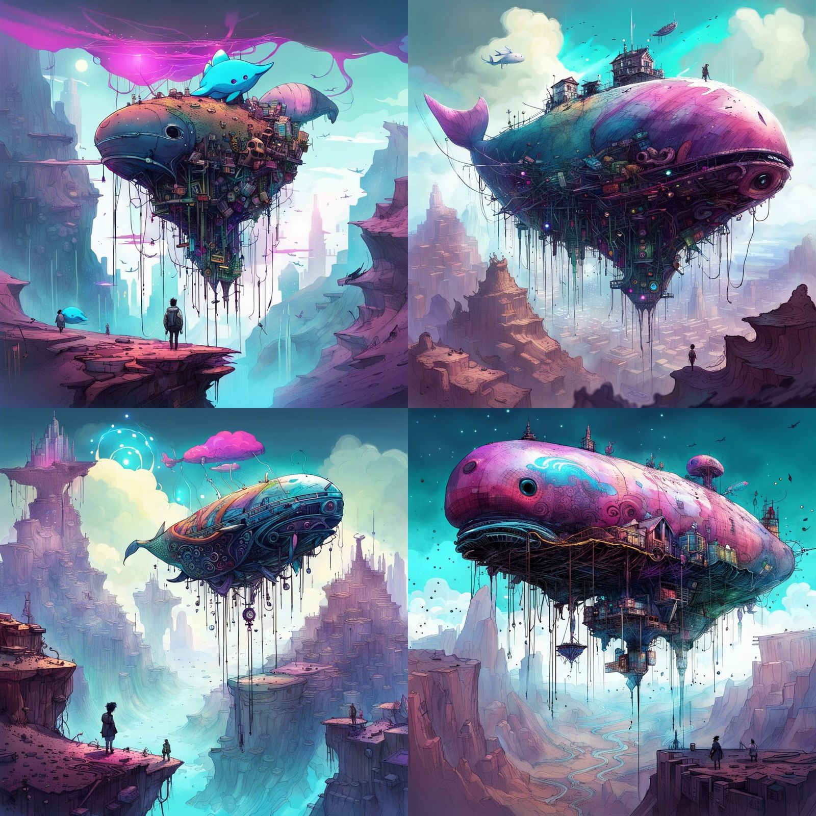 Cyberpunk Cloud Metropolis on Flying Cloud Whale