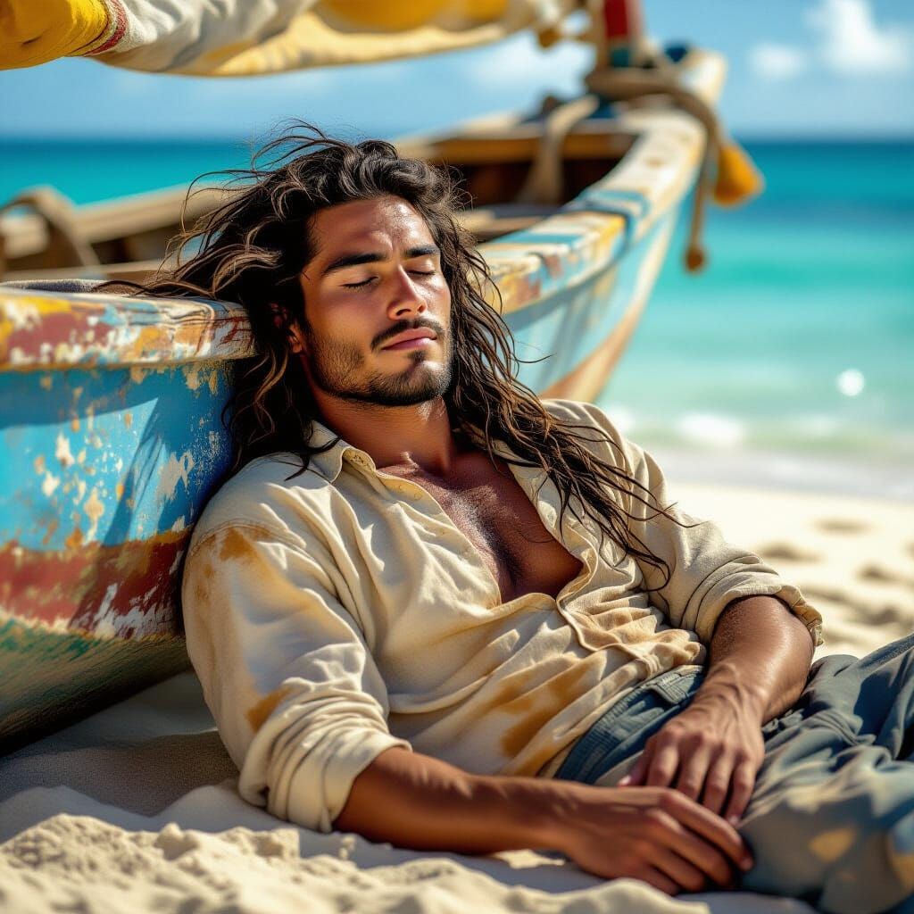 Hawaiian Fisherman Sleeping on Catamaran, Impasto Style