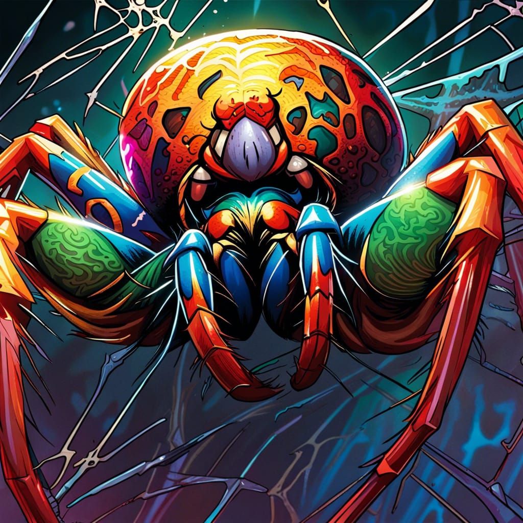 Giant Colorful Spider Crawling the World: Hyperrealistic Art