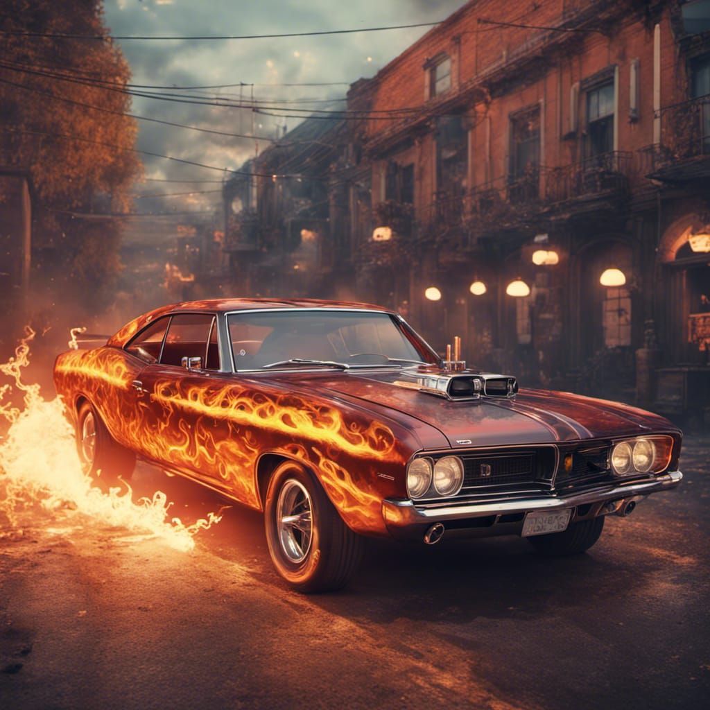Retro Muscle Car with Flaming Exhaust